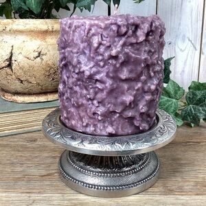 Silver Pillar Candle Holder With Purple Pillar Textured Candle